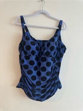 Women's Plus Size 2X Blue Polka Dot Tankini Top Ruched Swimwear